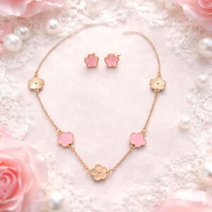 Pink Clover Necklace & Stud Earrings