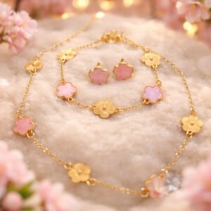 Pink Clover Necklace, Bracelet, Stud Earring Set