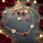Red Clover Necklace, Stud Earring, Bracelet Set