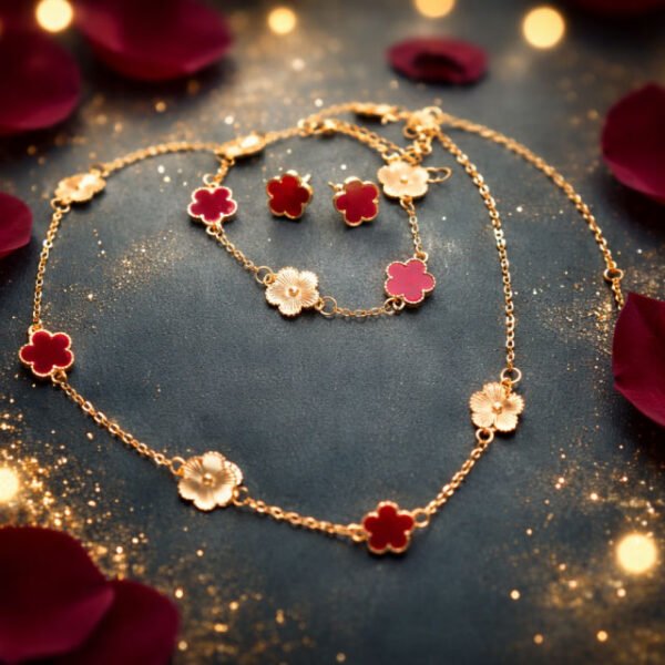 Red Clover Necklace, Stud Earring, Bracelet Set