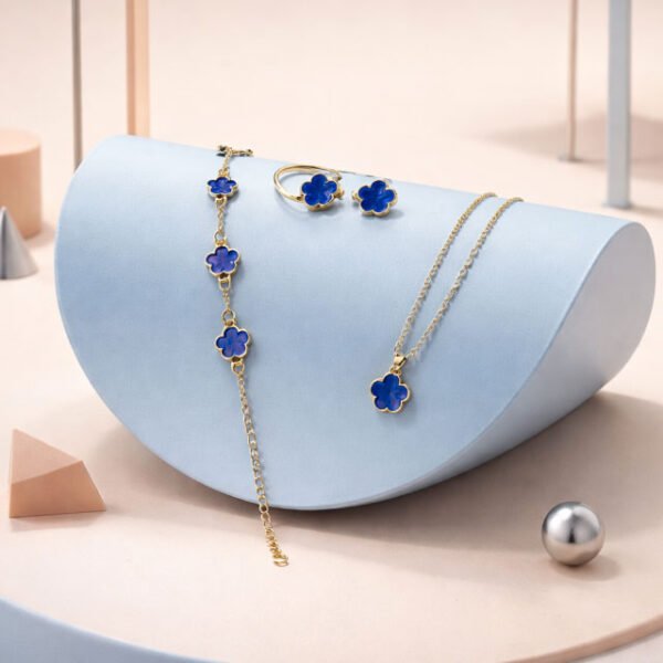 Blue Clover Necklace, Ring, Bracelet, & Stud Earring Set