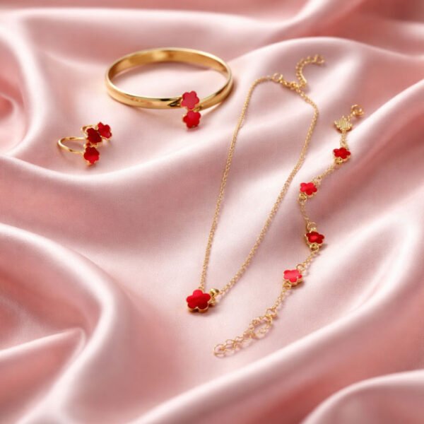 Red Clover Bangle, Stud Earring, Necklace, Bracelet, & Ring Set