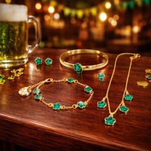 Green Clover Bangle, Stud Earring, Necklace, Bracelet, & Ring Set