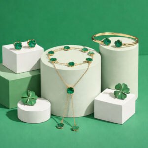 Green Rose Gold Clover Bangle, Stud Earring, Lariat Necklace, Bracelet, & Ring Set