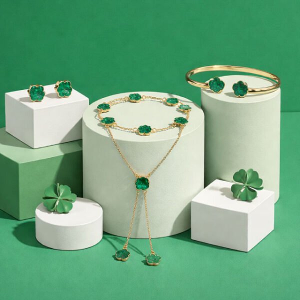 Green Rose Gold Clover Bangle, Stud Earring, Lariat Necklace, Bracelet, & Ring Set