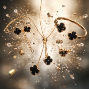 Black Rose Gold Clover Bangle, Stud Earring, Lariat Necklace, Bracelet, & Ring Set