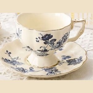 Blue Floral French Vintage Ceramic Teacup & Saucer