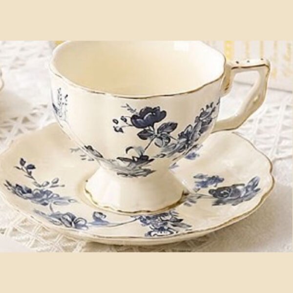 Blue Floral French Vintage Ceramic Teacup & Saucer