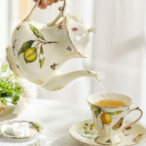Floral Lemon Butterfly Set Vintage French Ceramic Teacup, Saucer, & Tea Pot