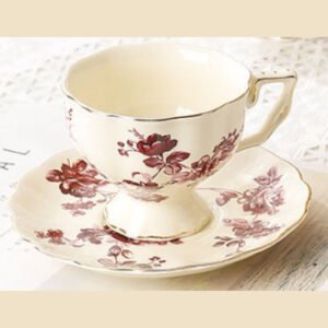 Maroon Floral French Vintage Ceramic Teacup & Saucer