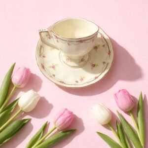 Vintage Rose & Pearl Ceramic Teacup & Saucer